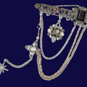 Marcasite-look black lapel brooch with chain, Unisex, bar pin, cross and star